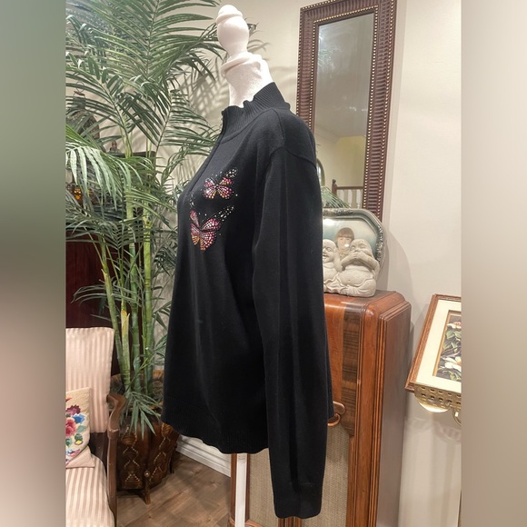 CHRISTINE ALEXANDER L Black Rhinestone Butterfly Mock Neck Zip Pullover Y2K Glam - Picture 5 of 10